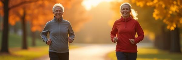 An older adult enjoying a brisk walk in a park during autumn, symbolizing heart health and active aging.
