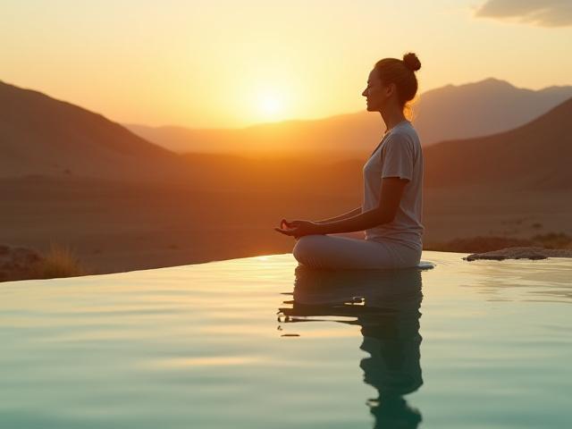 A woman in her late 40s meditating peacefully by a tranquil desert oasis at dawn, symbolizing mental well-being.