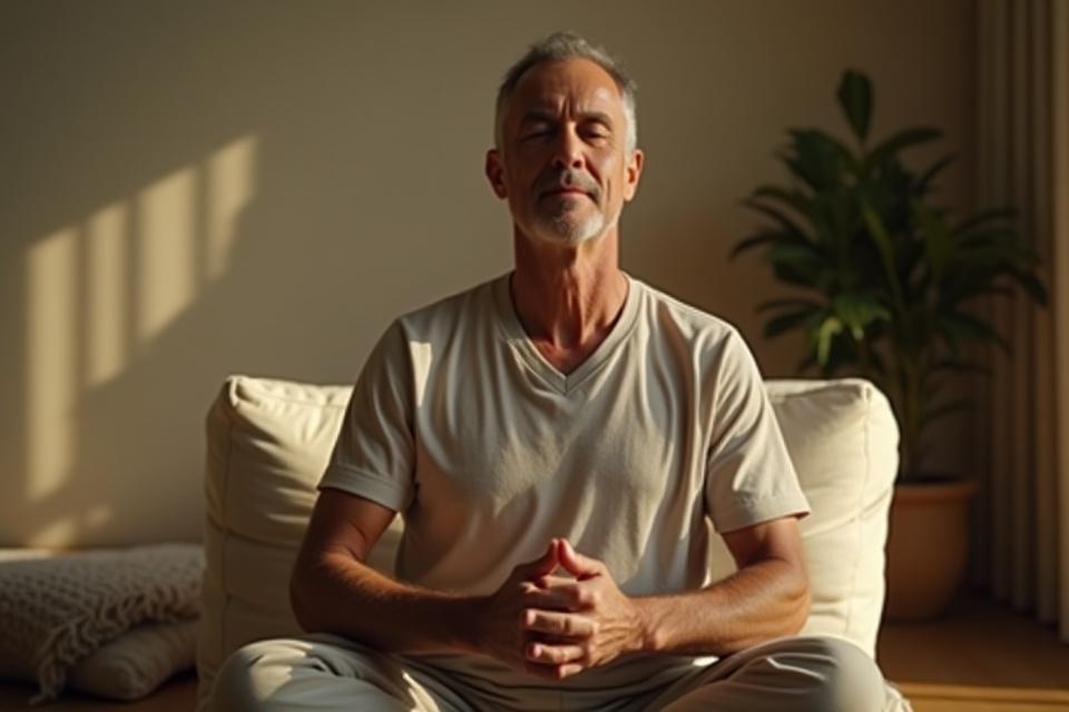 A man in his 40s meditating peacefully in a quiet, sunlit corner of a minimal living space, with hands in a mudra, promoting mindful practices.
