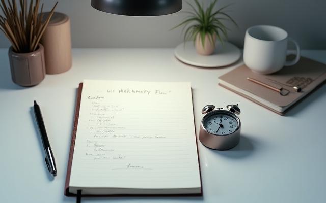 A desk with a timer and notebook, illustrating the Pomodoro Technique